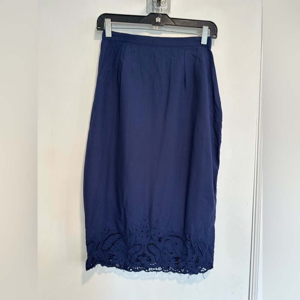 VTG 80s Hibis SzM Navy blue Lightweight midi-length pencil skirt Eyelet lace hem